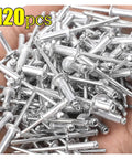 Close-up of 120-piece aluminum alloy rivets in hand from 240 Piece Aluminum Alloy Rivets And Fasteners Set For Home Projects Auto And Furniture Use Dome Head Blind Rivets Pop Rivets Nut Tools Heavy Duty Lightweight Aluminum Construction Pro Grade.