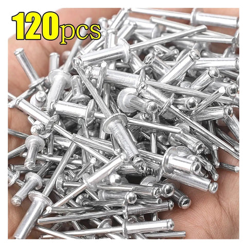 Close-up of 120-piece aluminum alloy rivets in hand from 240 Piece Aluminum Alloy Rivets And Fasteners Set For Home Projects Auto And Furniture Use Dome Head Blind Rivets Pop Rivets Nut Tools Heavy Duty Lightweight Aluminum Construction Pro Grade.