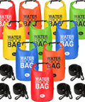 Ten Pack Waterproof Dry Bags 5L Ultralight Roll Top Storage Sacks With Adjustable Straps, five colors, for outdoor adventures.