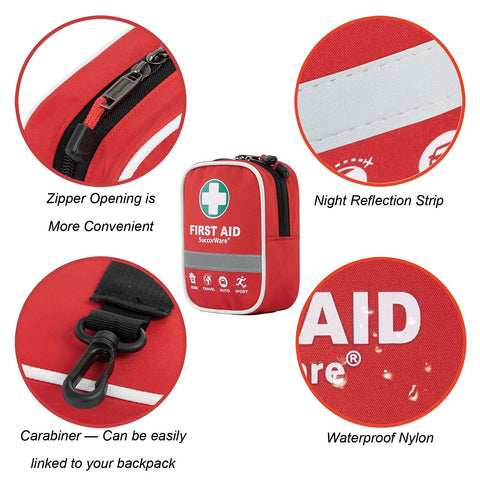 SuccorWare red first aid kit with white cross logo, zipper opening, reflective strip, carabiner, and waterproof nylon.