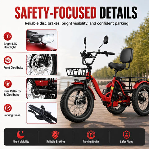 All Terrain Fat Tire Electric Tricycle For Adults With 750W Motor And Removable 48V 15.6Ah Battery, 40 To 60 Mile Range For City Cruisin And Errands, 20 Inch By 4 Inch Fat Tires, 3 Wheel E Trike, 330 Lb Payload, Heavy Duty High Carbon Steel Frame, Front with LED headlight and disc brake