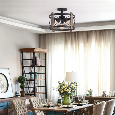 Dining room with Matte Black 13 Inch Flush Mount Light Fixture With Rustic Farmhouse Vibe 3 Light Ceiling Fixture