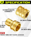 Front view of two brass pressure-washer quick-disconnect adapters with 1/2 in quick-connect and 3/4 in male/female ends.