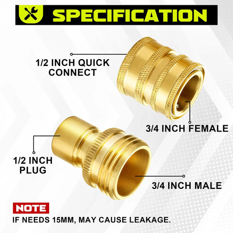Front view of two brass pressure-washer quick-disconnect adapters with 1/2 in quick-connect and 3/4 in male/female ends.