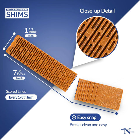 Orange composite shim close-up: 1¼ in wide, 7½ in long, grooved lines for leveling toilets and cabinets.