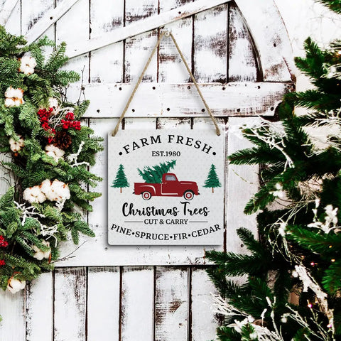 Red Pickup Truck With Christmas Tree Rustic Wood Sign For Winter Farmhouse Wall Art Cozy Festive Homey Vibes Holiday Home Kitchen Bathroom Porch Decor 7x7 Inch Xmas Front Door Rustic Decor