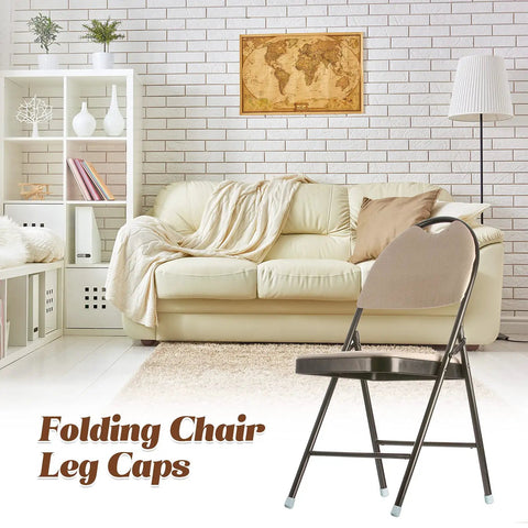 Folding chair with leg caps in a stylish living room, featuring 36 Pack 7 Eighths Inch Folding Chair Leg Caps Heavy Duty Plastic End Caps Non Marring Glides Round Floor Protectors For Hardwood Floors Durable Non Scratch Floor Protection For Homes Offices And Restaurants Grey.