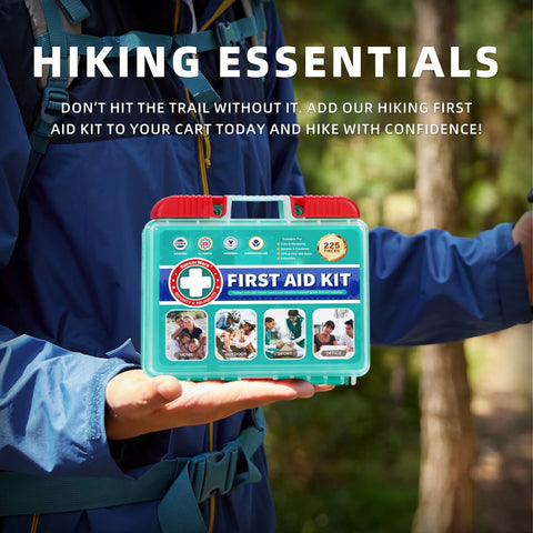 Front view of SuccorWare 225-piece first aid kit in teal case with red latches, held by hiker