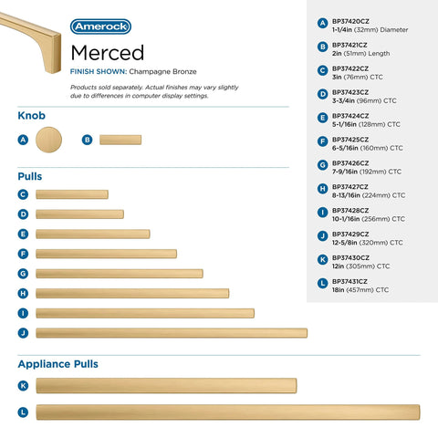 Image of Merced 6-5/16 Inch Center To Center Champagne Bronze Cabinet Pull For Cabinets And Drawers Modern Contemporary Hardware With Soft Warm Finish Overall 6-13/16 Inches Length displayed among other sizes and types in a product lineup.