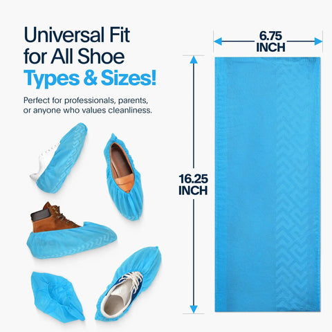 Blue Disposable Boot Covers Premium Pack 100 Non Slip Shoe Protectors showing fit for different shoes with dimensions.