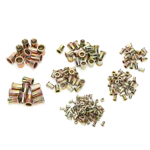 Mixed M3 to M12 zinc plated rivet nuts from 220 Piece Rivet Nut Assortment Kit for metal panels and heavy-duty projects.