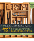 Carbonized Bamboo Expandable Kitchen Drawer Organizer, 13 To 19.6 Inches Wide, 10 Slot Silverware Tray With Removable Dividers
