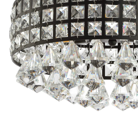 Close-up of 14.5 Inch Black Three Light Iron And Crystal Flush Mount Drum Ceiling Light with Faceted Crystal Drops