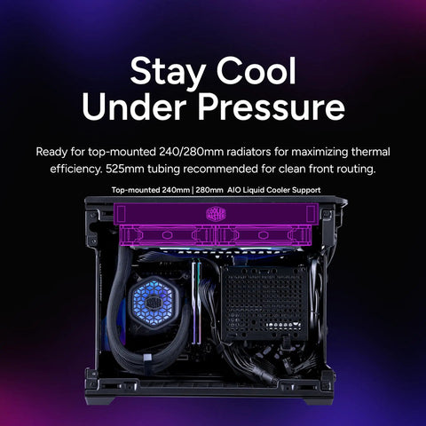 Inside view of NR200P V3 Mini ITX case showing top mount 280mm radiator placement and internal layout.