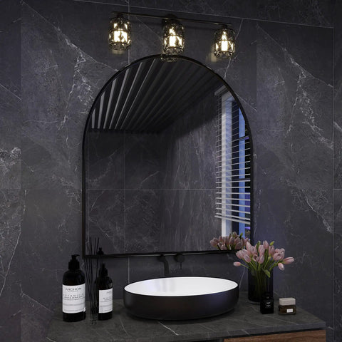 Matte Black 3 Light Vanity Fixture With Crystal Shades For Bathroom And Bedroom above a modern bathroom mirror