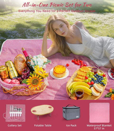 Woman lying on a red picnic blanket with a picnic basket and food. Picnic For Two With Table Lid Waterproof Blanket Insulated Cooler Bag And Collapsible Set With Spoons Knives Plastic Wine Glasses Perfect For Beach Date Nights And Outdoor Picnics And A Thoughtful Wedding Or Bridal Shower Gift.