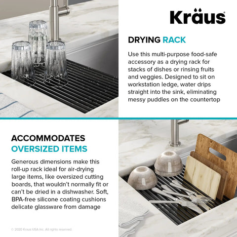 Multipurpose Workstation Sink Roll-Up Dish Drying Rack With Colander And Trivet, Black Finish with glasses and dishes drying