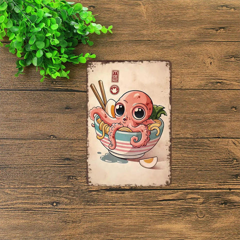 Funny Vintage Metal Sign Octopus In Ramen Bowl Illustration Tin Wall Art 8x12 Inches For Home Kitchen Office Garage Decor