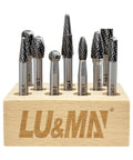 Heavy Duty Tungsten Carbide Die Grinder Burr Set, 10 Piece, One Quarter Inch Shank, Double Cut Rotary Bits in wood holder