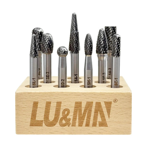 Heavy Duty Tungsten Carbide Die Grinder Burr Set, 10 Piece, One Quarter Inch Shank, Double Cut Rotary Bits in wood holder