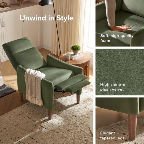 Arthur Recliner Chair With 3 Position Recline Olive Green Velvet High Back Padded Support Mid Century Modern in living room
