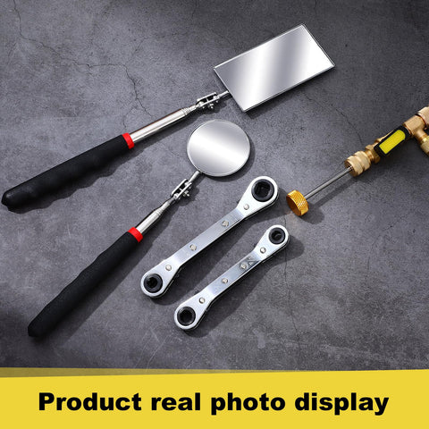 Valve Core Remover And Installer Tool Kit with hex bit adapters, magnetic pick up tool, inspection mirrors on grey surface