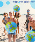 Group of people at beach with 12 Pack 16 Inch Inflatable World Globe Ball For Kids And Adults Cool Beach Pool Party Fun Bags Classroom.