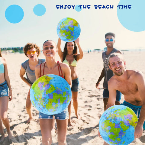 Group of people at beach with 12 Pack 16 Inch Inflatable World Globe Ball For Kids And Adults Cool Beach Pool Party Fun Bags Classroom.
