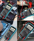 No Nonsense 6000 Count Digital Multimeter With True Rms Auto Manual Ranging For capacitance temperature AC DC voltage and current test shown measuring battery voltage.