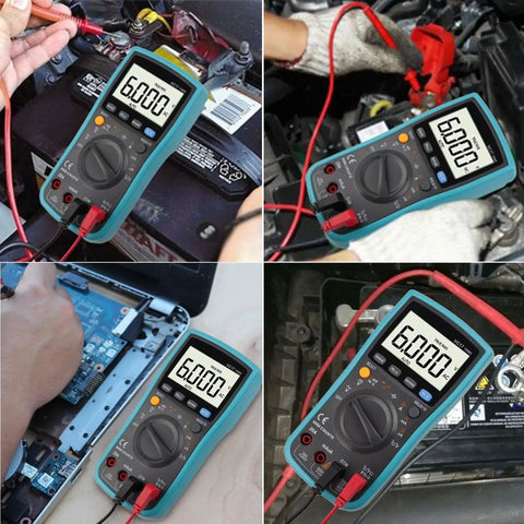 No Nonsense 6000 Count Digital Multimeter With True Rms Auto Manual Ranging For capacitance temperature AC DC voltage and current test shown measuring battery voltage.