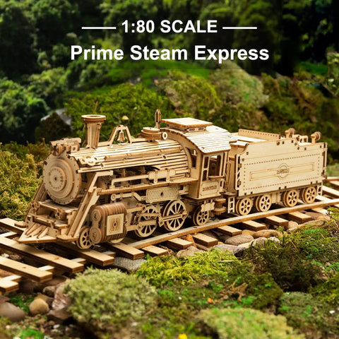 1:18 Scale Steam Train Model With Carriage 3D Wooden Puzzle For Adults DIY Mechanical Vehicle Kit on track