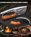 Two Piece Meat Cleaver Knife Set Steel Cleaver And Viking Style Boning Knife With Leather Sheath Ideal For Kitchen Prep Camping BBQ And Outdoor Cooking Heavy Duty Kitchen Tools on slate surface with rosemary and peppercorns.