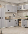 Wall mounted garage cabinets in a utility room, Heavy Duty Wall Mount Garage Cabinet With Lockable Two Doors Removable Shelf 44 Lb Capacity Ready To Assemble Metal Organizer For Tools And Gear White And Grey