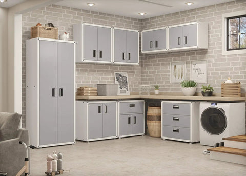 Wall mounted garage cabinets in a utility room, Heavy Duty Wall Mount Garage Cabinet With Lockable Two Doors Removable Shelf 44 Lb Capacity Ready To Assemble Metal Organizer For Tools And Gear White And Grey