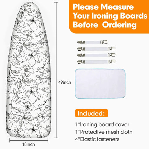 Extra Wide 18x49 Ironing Board Cover And Pad With Heavy Duty Thick 6mm Padding Scorch And Stain Resistant Elastic Edge And Adjustable Fasteners Floral White Your Go To Ironing Pad For A Smooth Glide And No Mark Creases