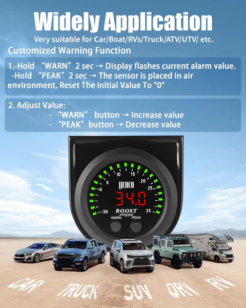 Turbo Boost And Vacuum Gauge Kit With LED Digital Display For Cars Trucks And ATVs 2 1/16 Inch 52mm Unit 1/8 NPT Electronic Pressure Sensor And Mounting Bracket Boost To 35 PSI Vacuum -30 To 0 InHg Red LED Readouts for car truck and ATV use