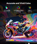 27 Inch Gaming Monitor With 200 Hz Refresh Rate 1440P QHD Fast IPS 1ms Response No Lag Built In Speakers Adaptive Sync 131 Percent sRGB Adjustable Tilt Swivel Pivot Height Ergonomic Stand HDMI DisplayPort White H27T6 displaying colorful motorcycle graphics