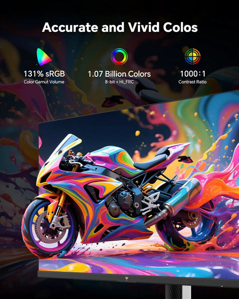 27 Inch Gaming Monitor With 200 Hz Refresh Rate 1440P QHD Fast IPS 1ms Response No Lag Built In Speakers Adaptive Sync 131 Percent sRGB Adjustable Tilt Swivel Pivot Height Ergonomic Stand HDMI DisplayPort White H27T6 displaying colorful motorcycle graphics
