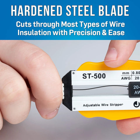Close-up of Adjustable Precision Wire Stripper for 20-30 AWG with hardened steel blade and length stop from 0.039 to 2.0 inches