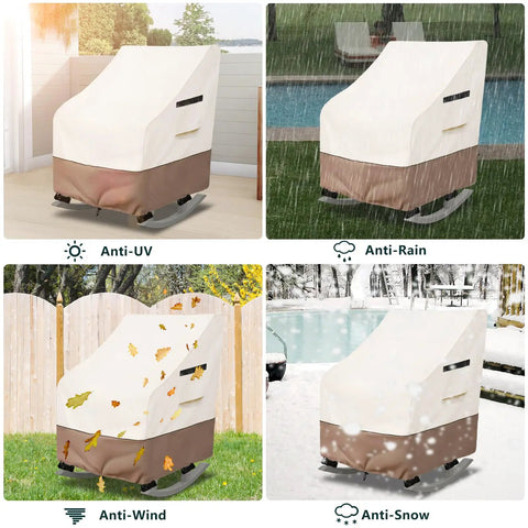 Outdoor Rocking Chair Cover 2 Pack Heavy Duty Waterproof Patio Cover For 27 W 34 D 45 H Presidential Rocking Chair Beige All Weather Protection With 600D Oxford Fabric And Waterproof Backing demonstrating anti-UV, anti-rain, anti-wind, and anti-snow features.