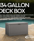 134-Gallon Extra Large Outdoor Deck Box With Pad Lockable Lid by a pool, showing resin construction, ideal for cushions and tools storage.