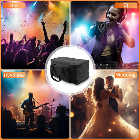 Waterproof Par Light Bag For Four Par Spotlight Lights in center, with event scenes: bar, DJ, live show, and wedding backdrop.