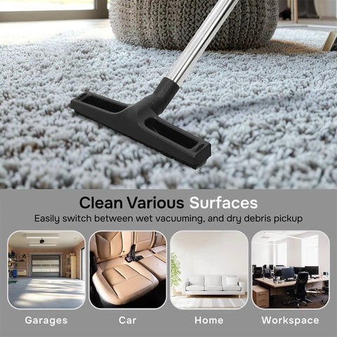 Top Shelf 26.5 Gallon Wet Dry Shop Vacuum With Heavy Duty Steel Tank cleaning a carpet with a vacuum nozzle in a bright room.