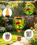Glass Hot Air Balloon Solar Lantern With Flame Hand Painted Artwork Realistic Flickering Flame Hummingbird Accent Rustproof Metal Outdoor Solar Light For Garden Or Yard Easy Setup And Eco Friendly, featuring hand-painted glass and metal basket.