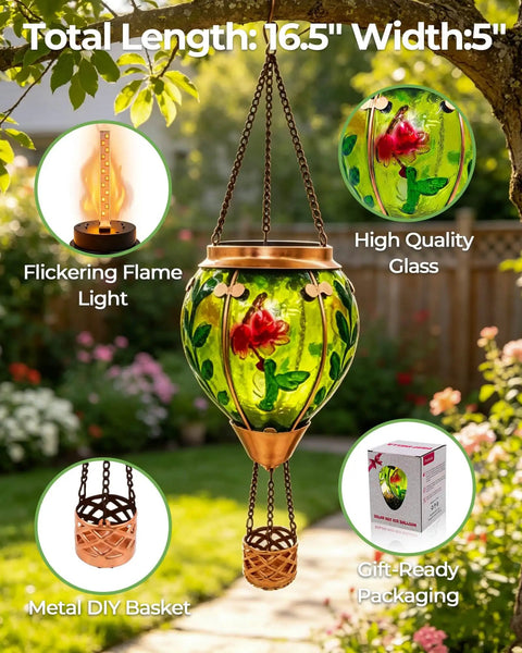 Glass Hot Air Balloon Solar Lantern With Flame Hand Painted Artwork Realistic Flickering Flame Hummingbird Accent Rustproof Metal Outdoor Solar Light For Garden Or Yard Easy Setup And Eco Friendly, featuring hand-painted glass and metal basket.