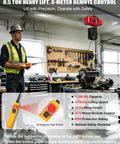 FITHOIST 1100 Lb Electric Chain Hoist 120V Motor With Wired Remote Control in a garage setting, lifting an engine safely.