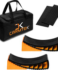 Premium Camper Leveler Kit With Curved RV Levelers, Wheel Chocks, Rubber Mats, Carry Bag visible.