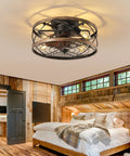 Dope Industrial Cage Ceiling Fan With Light Remote Control 20 Inch Low Profile Flush Mount Farmhouse Style Black Iron for bedroom