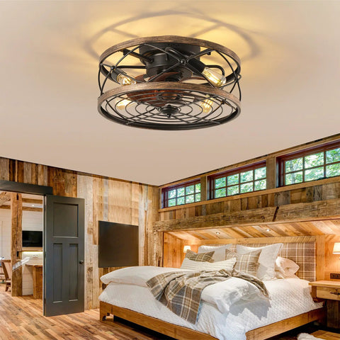 Dope Industrial Cage Ceiling Fan With Light Remote Control 20 Inch Low Profile Flush Mount Farmhouse Style Black Iron for bedroom