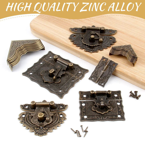 Top Shelf Antique Brass Jewelry Box Hardware Set Featuring Ornate Latches Rock Solid Hinges Rustic Carry Handle Premium Mounting Screws laid out on a wooden surface.